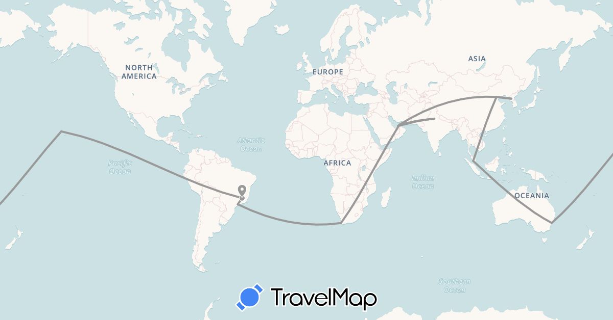 TravelMap itinerary: driving, plane in United Arab Emirates, Australia, Brazil, China, India, North Korea, Malaysia, United States, South Africa (Africa, Asia, North America, Oceania, South America)